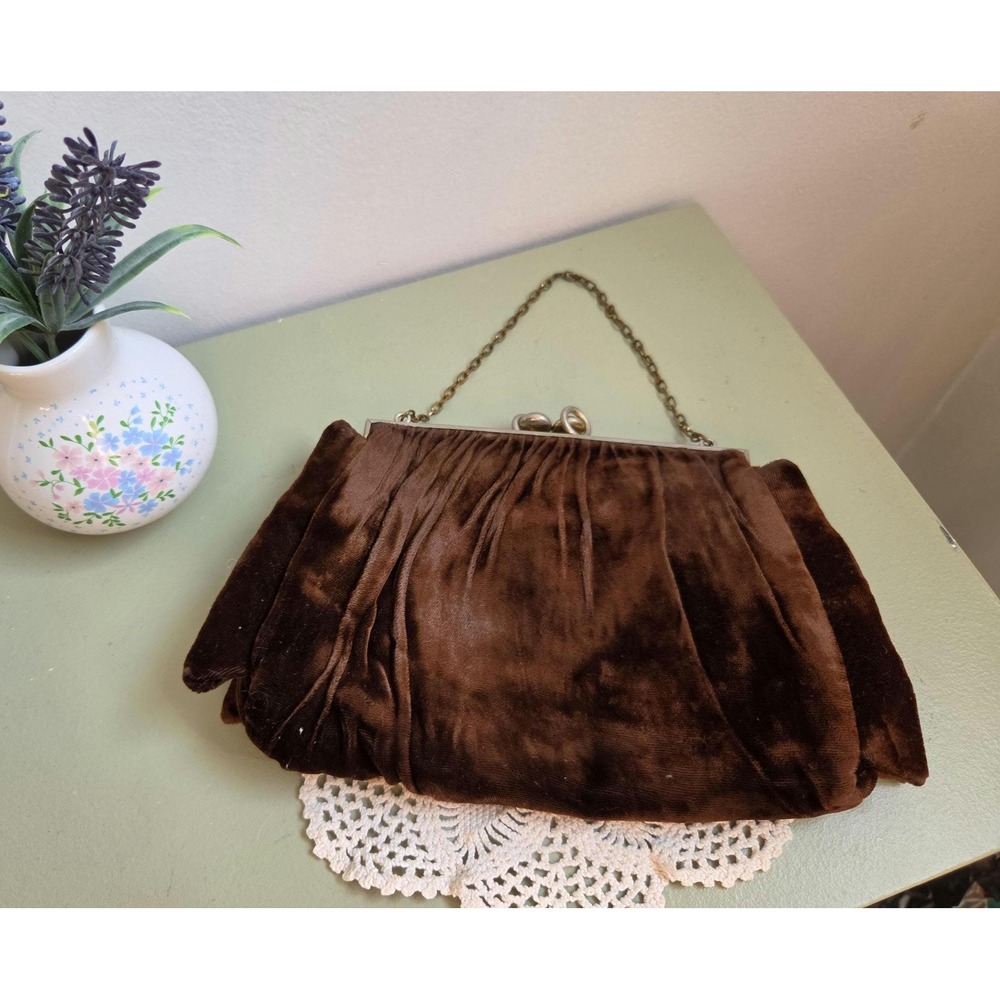 Vintage Brown Velvet Evening Bag Made in Canada Pleated Chain Handle Purse